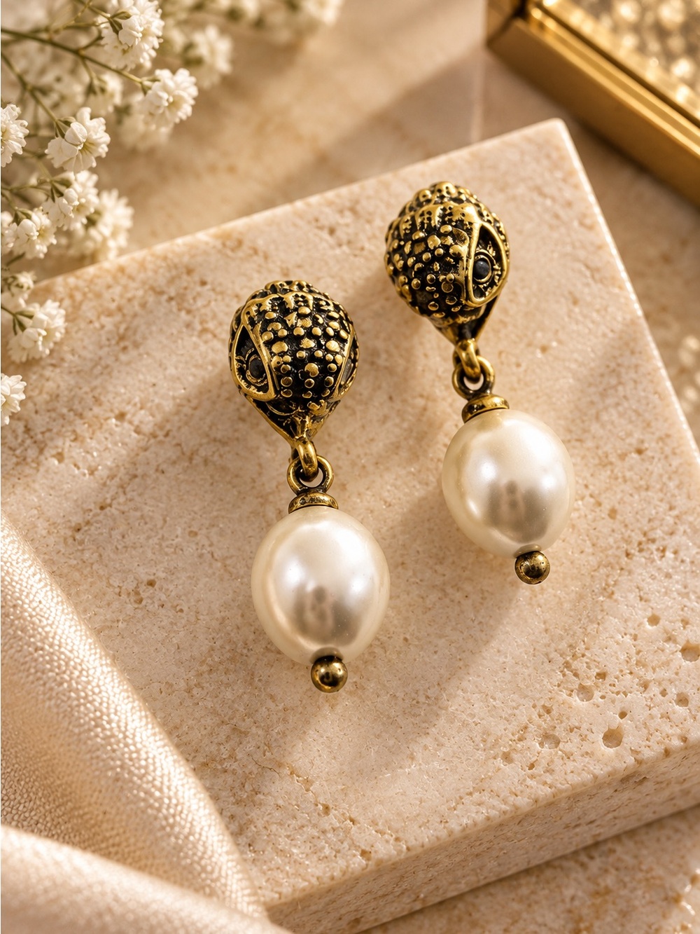 Kurt Geiger Faux Pearl Drop Earrings Gold Tone Vintage